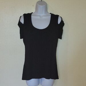 VENUS Black Cold-Shoulder Short Sleeve Crochet Back Detail Tee